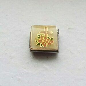 Pink cross and flowers enamel 9mm stainless steel italian charm bracelet link
